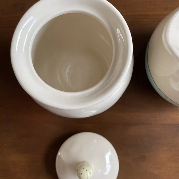 Rae Dunn Ceramic Yellow and Blue Polka Dot Scoop. Pour. Sugar and Creamer Set - Picture 5 of 6